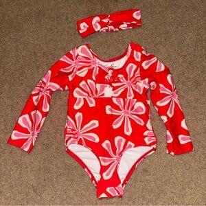 Jessica Simpson Red and Pink Floral Girls Long-Sleeve Swimsuit with Headband